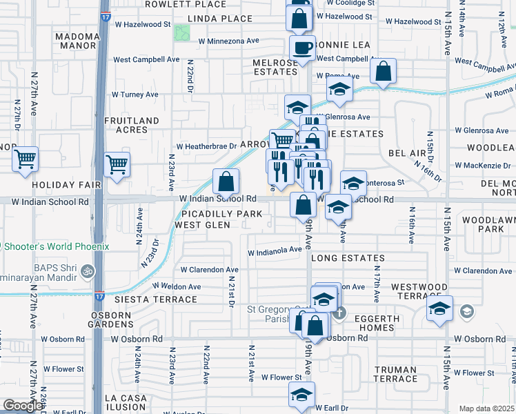 map of restaurants, bars, coffee shops, grocery stores, and more near 2025 West Indian School Road in Phoenix