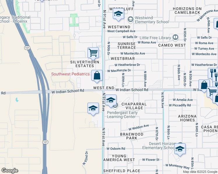 map of restaurants, bars, coffee shops, grocery stores, and more near 2625 East Greenway Parkway in Phoenix