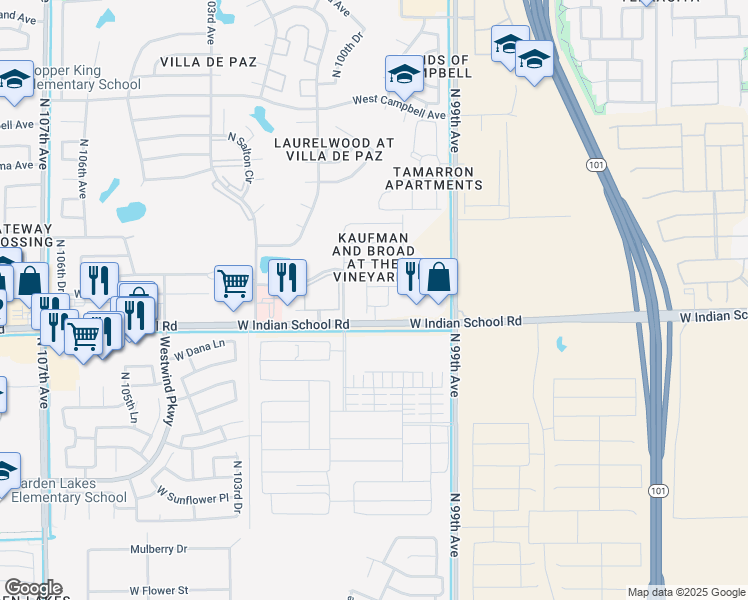 map of restaurants, bars, coffee shops, grocery stores, and more near 4131 North 100th Avenue in Phoenix