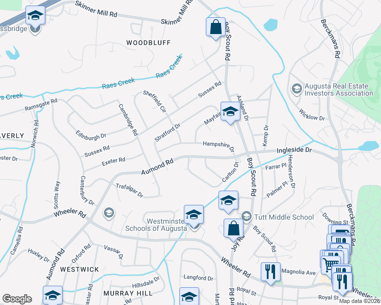 map of restaurants, bars, coffee shops, grocery stores, and more near 2928 Hampshire Drive in Augusta