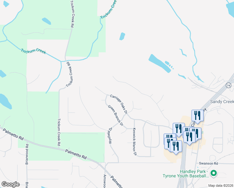 map of restaurants, bars, coffee shops, grocery stores, and more near 314 Carriage Oaks Drive in Tyrone