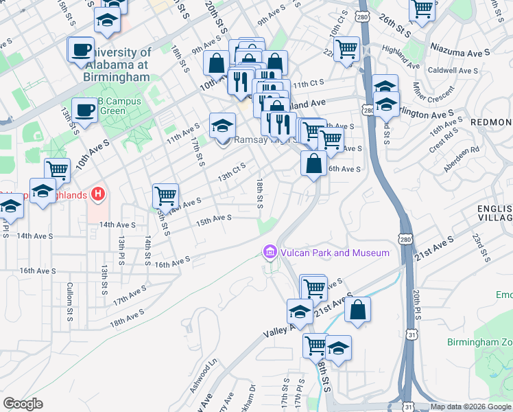 map of restaurants, bars, coffee shops, grocery stores, and more near 1431 18th Street South in Birmingham