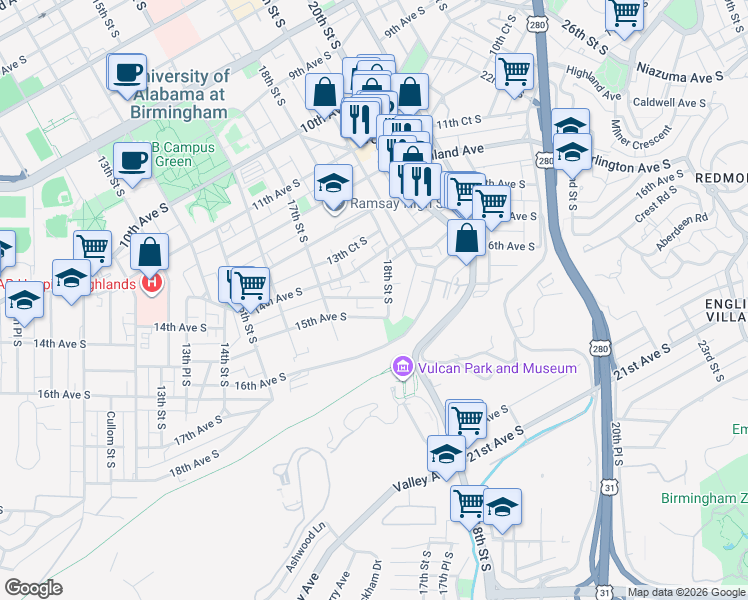 map of restaurants, bars, coffee shops, grocery stores, and more near 1725 14th Court South in Birmingham