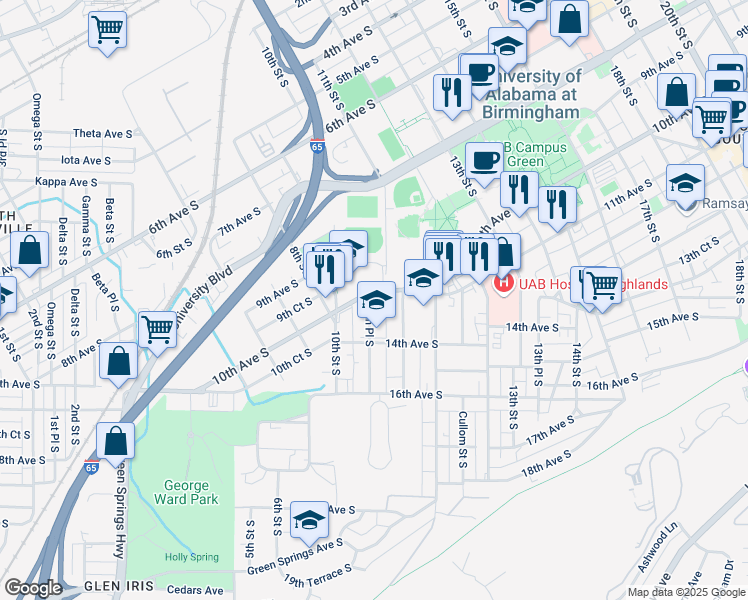 map of restaurants, bars, coffee shops, grocery stores, and more near 1000 10th Avenue South in Birmingham