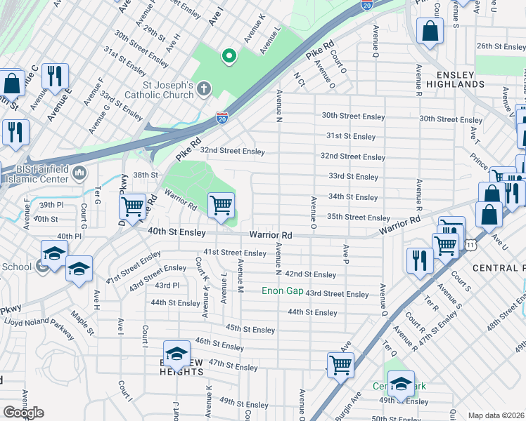 map of restaurants, bars, coffee shops, grocery stores, and more near 1305 34th Street Ensley in Birmingham
