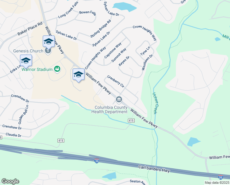 map of restaurants, bars, coffee shops, grocery stores, and more near 505 Cranberry Circle in Grovetown