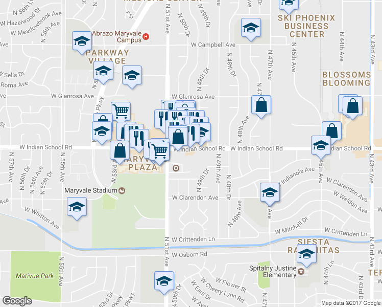 map of restaurants, bars, coffee shops, grocery stores, and more near 4955 West Indian School Road in Phoenix