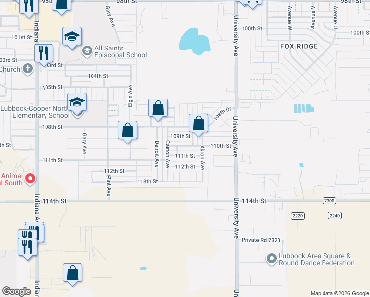 map of restaurants, bars, coffee shops, grocery stores, and more near 2716 110th Street in Lubbock