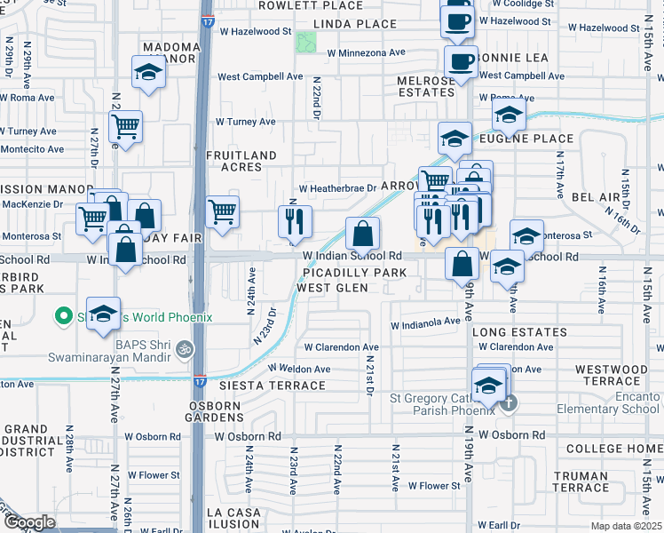map of restaurants, bars, coffee shops, grocery stores, and more near 2225 West Indian School Road in Phoenix