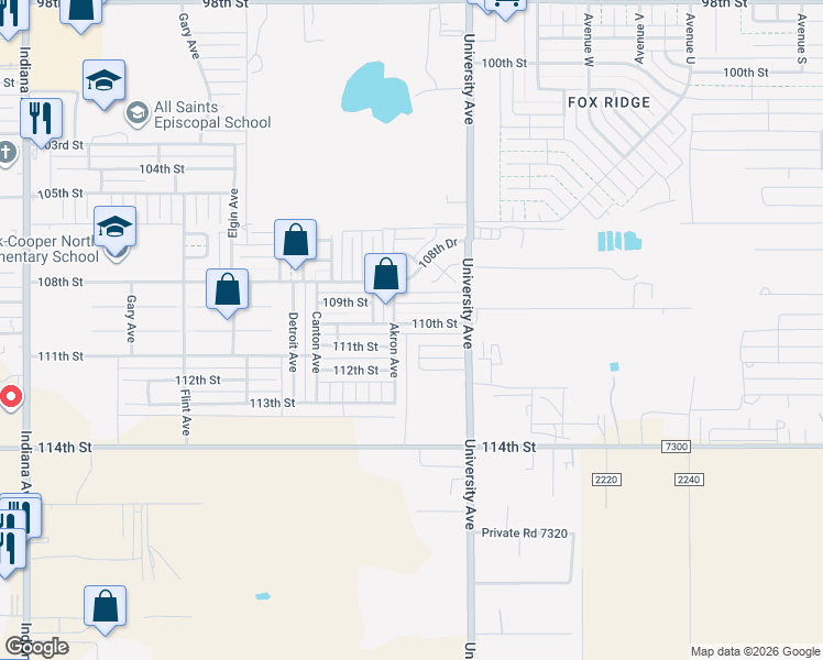 map of restaurants, bars, coffee shops, grocery stores, and more near 2524 110th Street in Lubbock