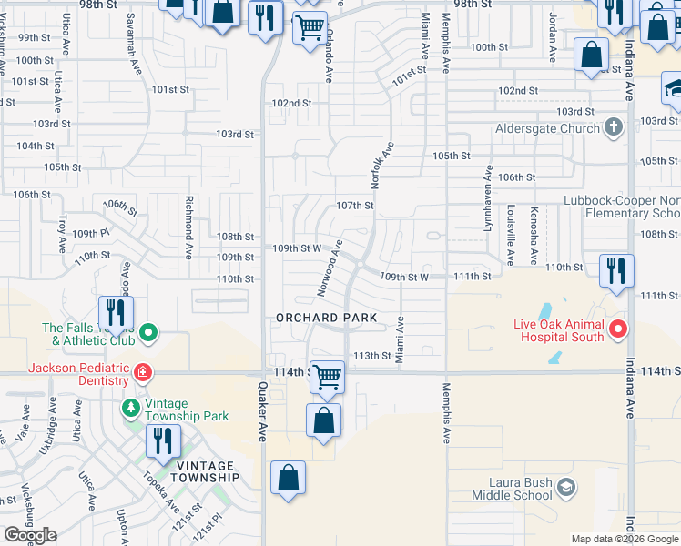 map of restaurants, bars, coffee shops, grocery stores, and more near 4003 109th Street in Lubbock