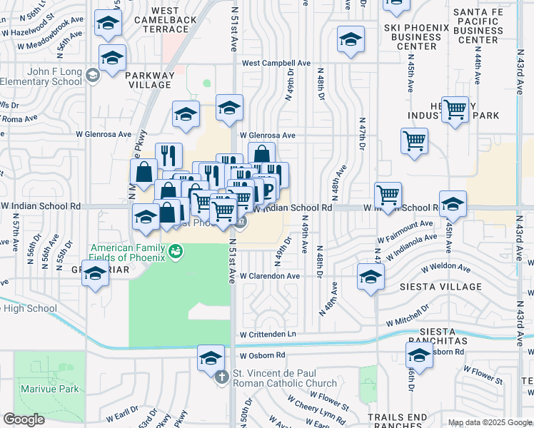 map of restaurants, bars, coffee shops, grocery stores, and more near 4955 West Indian School Road in Phoenix