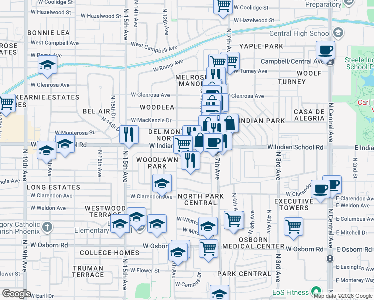 map of restaurants, bars, coffee shops, grocery stores, and more near 1001 West Indian School Road in Phoenix