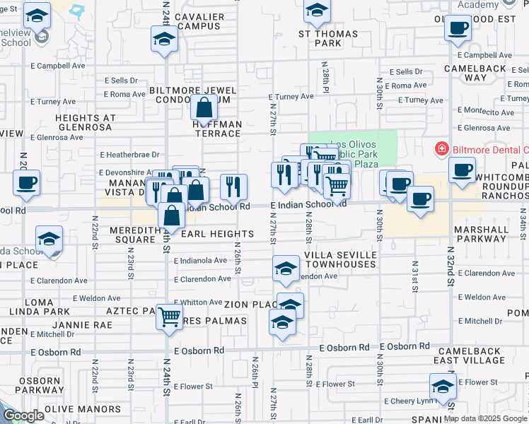 map of restaurants, bars, coffee shops, grocery stores, and more near 2633 East Indian School Road in Phoenix