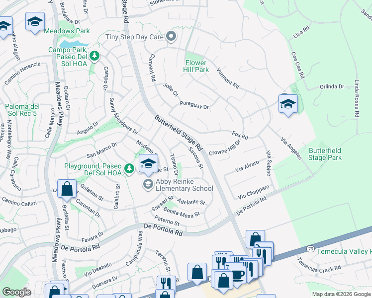 map of restaurants, bars, coffee shops, grocery stores, and more near 43564 Savona Street in Temecula