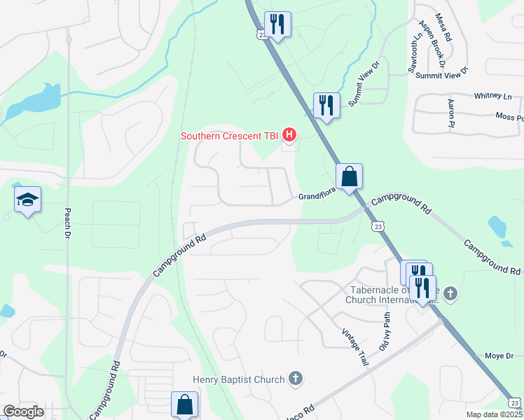 map of restaurants, bars, coffee shops, grocery stores, and more near 165 Grandiflora Drive in McDonough
