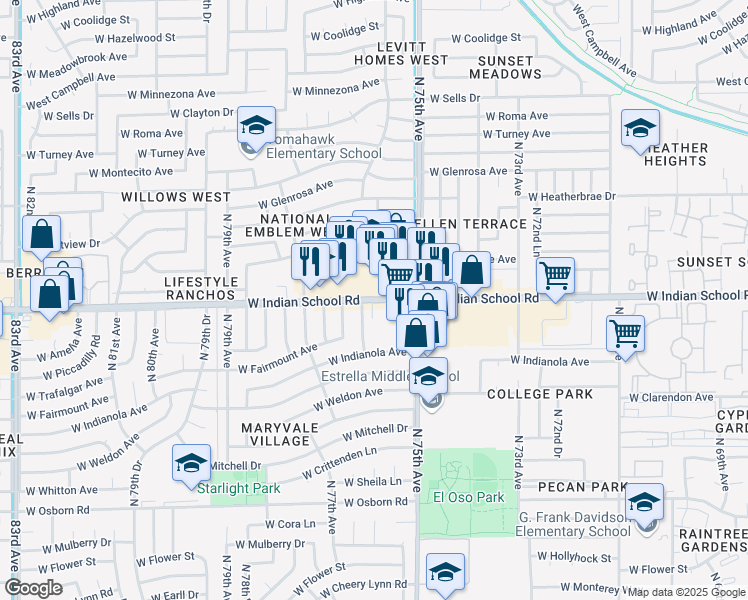 map of restaurants, bars, coffee shops, grocery stores, and more near 7544 West Indian School Road in Phoenix