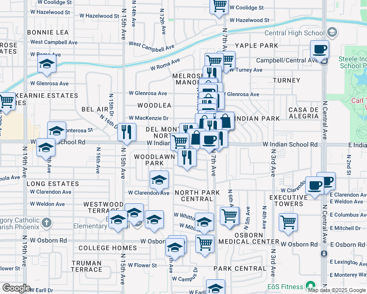 map of restaurants, bars, coffee shops, grocery stores, and more near 1001 West Indian School Road in Phoenix