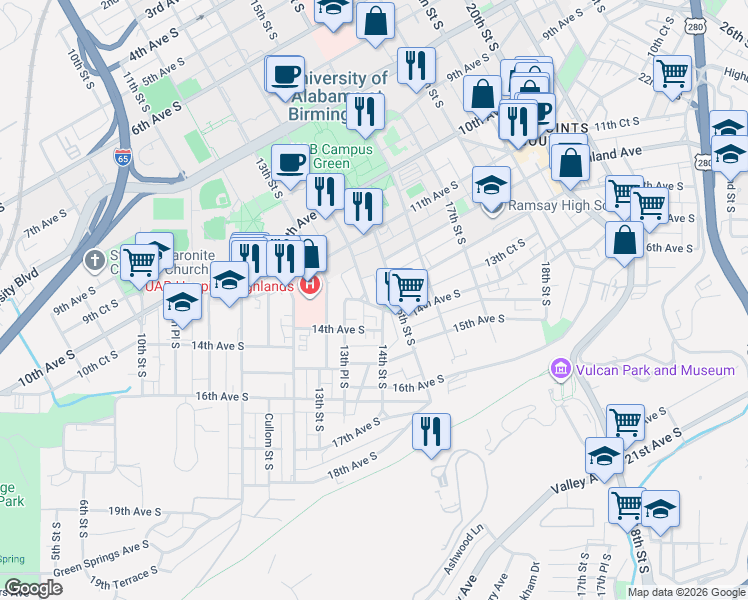 map of restaurants, bars, coffee shops, grocery stores, and more near 1143 14th Street South in Birmingham