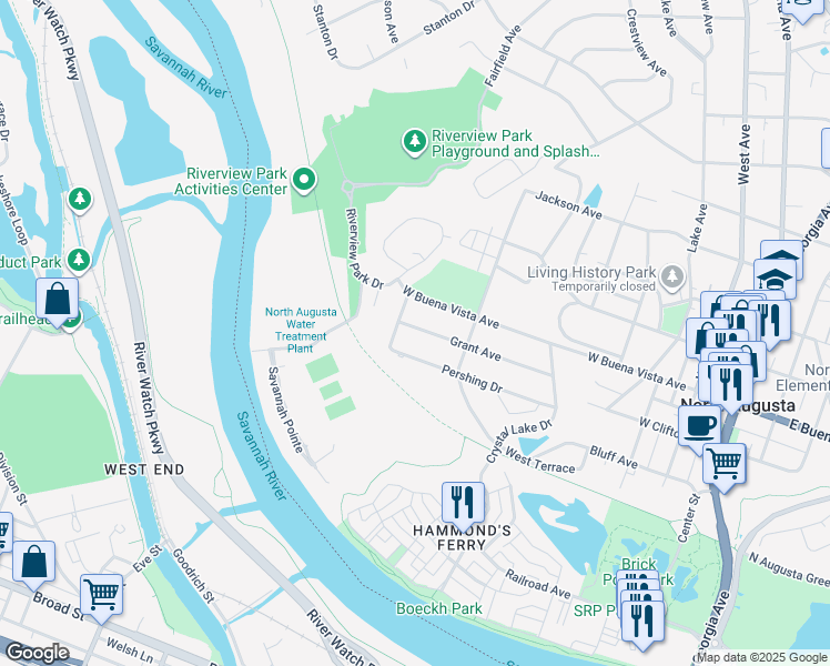 map of restaurants, bars, coffee shops, grocery stores, and more near 622 Grant Avenue in North Augusta