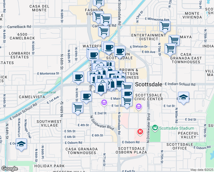 map of restaurants, bars, coffee shops, grocery stores, and more near 7070 East Indian School Road in Scottsdale