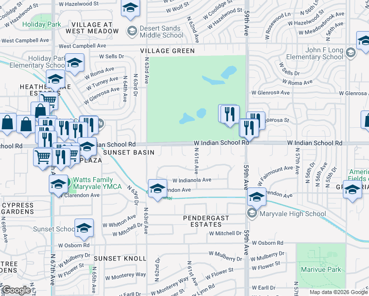 map of restaurants, bars, coffee shops, grocery stores, and more near 6125 West Indian School Road in Phoenix