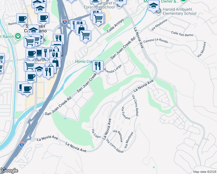 map of restaurants, bars, coffee shops, grocery stores, and more near 32187 Via Barrida in San Juan Capistrano