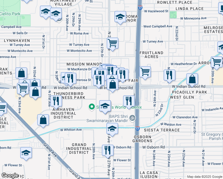 map of restaurants, bars, coffee shops, grocery stores, and more near 2632 West Indian School Road in Phoenix