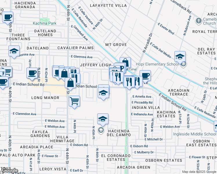 map of restaurants, bars, coffee shops, grocery stores, and more near E Indian School Rd & N 47th St in Phoenix