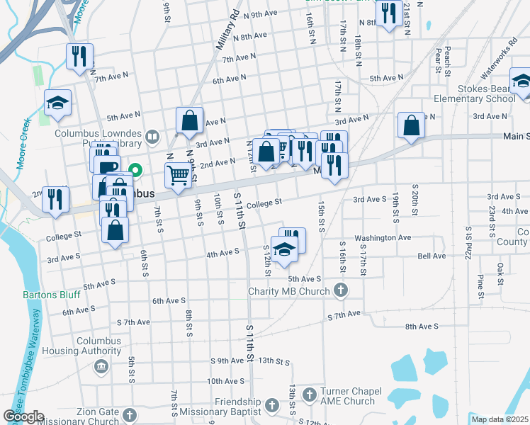 map of restaurants, bars, coffee shops, grocery stores, and more near 1100 College Street in Columbus