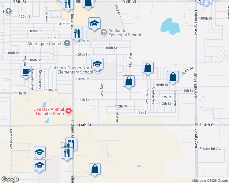 map of restaurants, bars, coffee shops, grocery stores, and more near 3019 109th Street in Lubbock