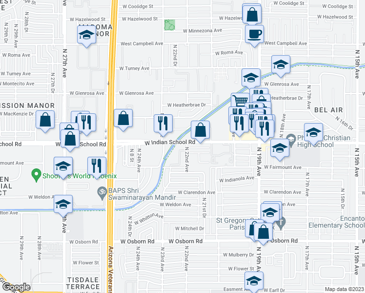 map of restaurants, bars, coffee shops, grocery stores, and more near 2225 West Indian School Road in Phoenix