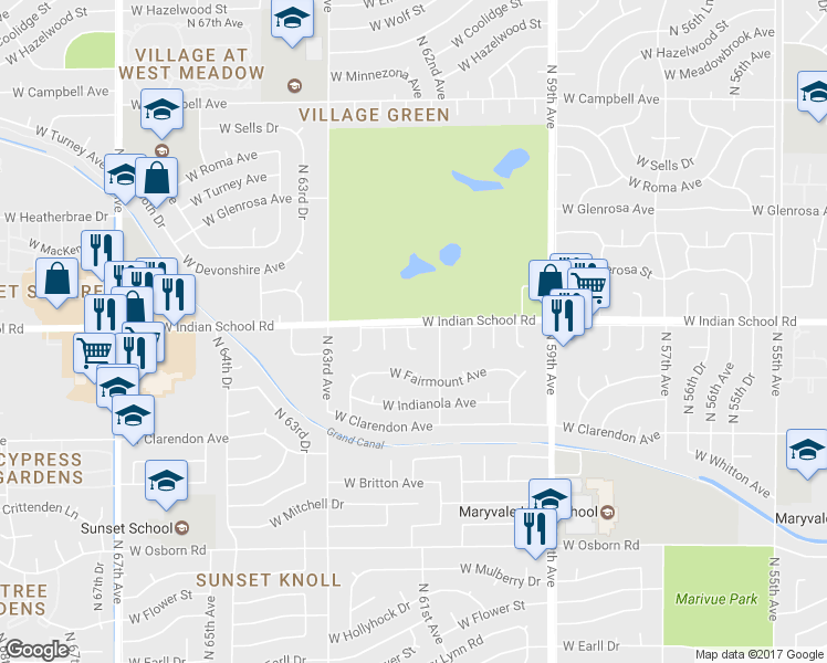 map of restaurants, bars, coffee shops, grocery stores, and more near 6125 West Indian School Road in Phoenix
