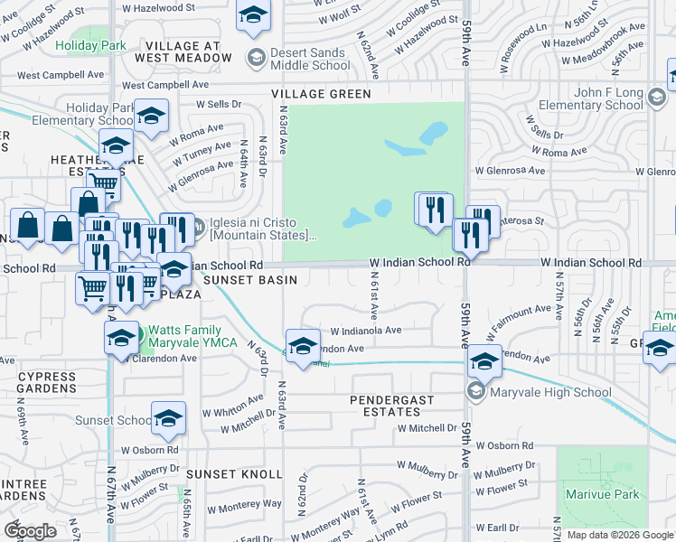 map of restaurants, bars, coffee shops, grocery stores, and more near 6125 West Indian School Road in Phoenix