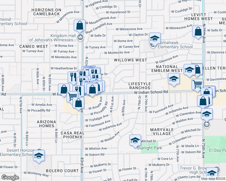 map of restaurants, bars, coffee shops, grocery stores, and more near 8036 West Monterosa Street in Phoenix