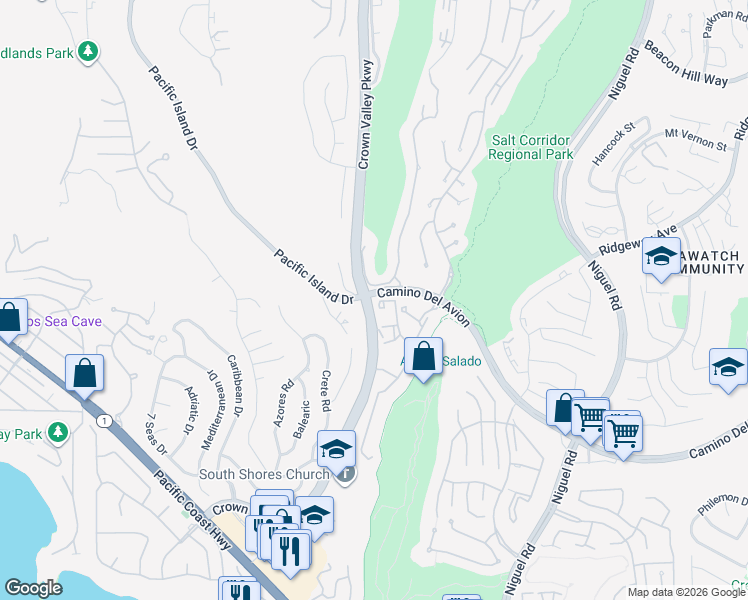 map of restaurants, bars, coffee shops, grocery stores, and more near 32400 Crown Valley Parkway in Dana Point