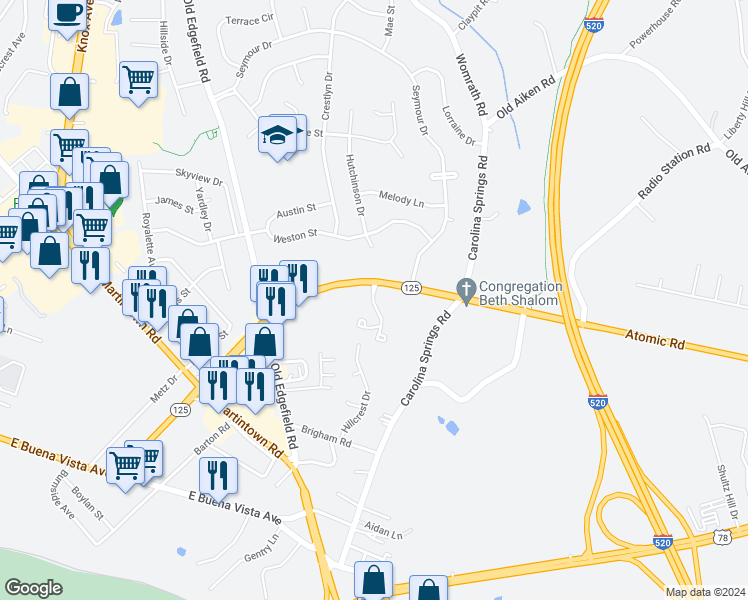 map of restaurants, bars, coffee shops, grocery stores, and more near 136 Breckenridge Drive in North Augusta