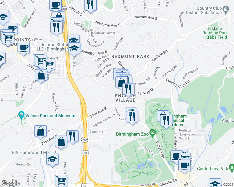 map of restaurants, bars, coffee shops, grocery stores, and more near 2328 20th Avenue South in Birmingham