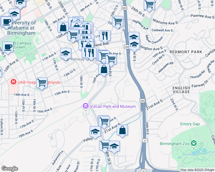 map of restaurants, bars, coffee shops, grocery stores, and more near 103 Abbey Road in Birmingham