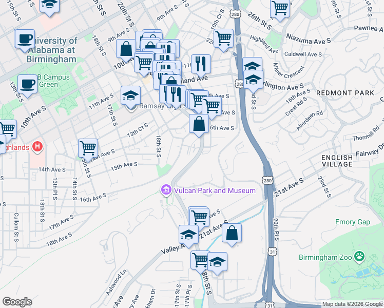 map of restaurants, bars, coffee shops, grocery stores, and more near 103 Abbey Road in Birmingham