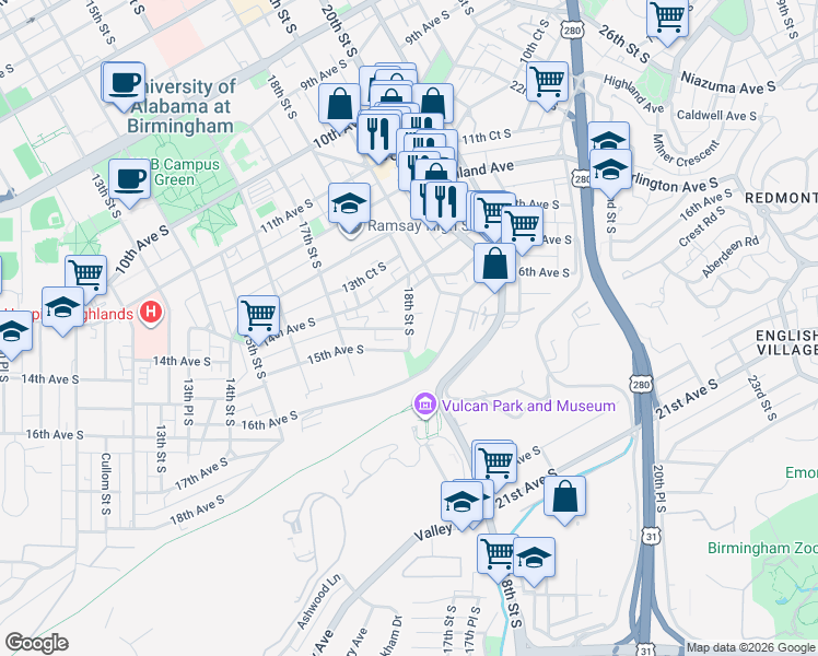 map of restaurants, bars, coffee shops, grocery stores, and more near 1431 18th Street South in Birmingham