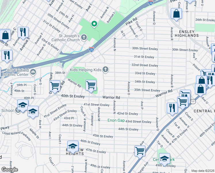 map of restaurants, bars, coffee shops, grocery stores, and more near 1305 34th Street Ensley in Birmingham