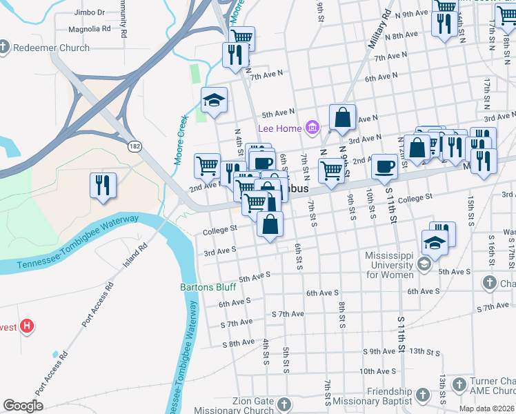 map of restaurants, bars, coffee shops, grocery stores, and more near 414 Main Street in Columbus