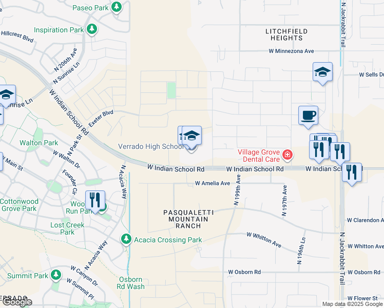 map of restaurants, bars, coffee shops, grocery stores, and more near 20050 West Indian School Road in Buckeye