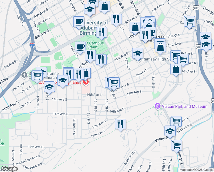 map of restaurants, bars, coffee shops, grocery stores, and more near 1143 14th Street South in Birmingham