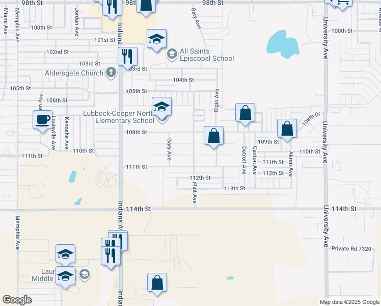 map of restaurants, bars, coffee shops, grocery stores, and more near 3019 109th Street in Lubbock
