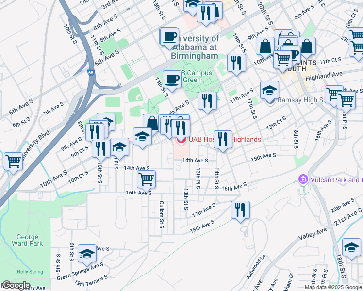 map of restaurants, bars, coffee shops, grocery stores, and more near 1201 11th Avenue South in Birmingham