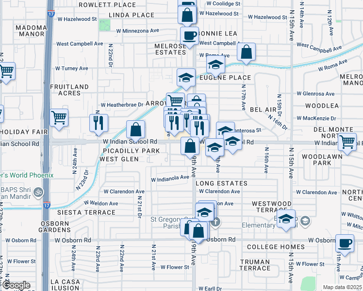 map of restaurants, bars, coffee shops, grocery stores, and more near 1941 West Indian School Road in Phoenix
