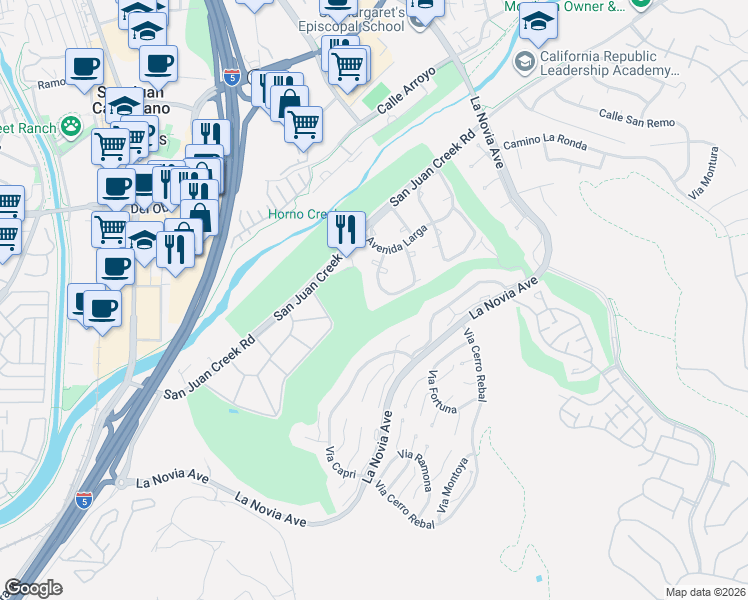 map of restaurants, bars, coffee shops, grocery stores, and more near 32179 Via Barrida in San Juan Capistrano