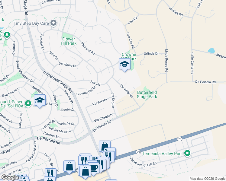 map of restaurants, bars, coffee shops, grocery stores, and more near 43250 Via Sabino in Temecula